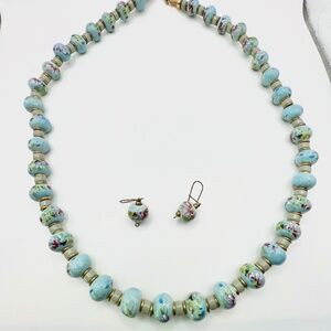 VTG Porcelain Floral Beaded Necklace with Matching Pierced Drop Earrings
